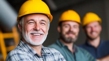 Group of workers wearing hard hats smiling together in a construction site during the day photo