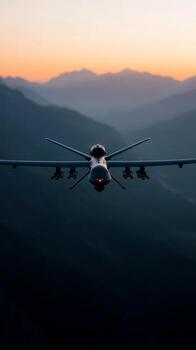 Drone flies over mountain ranges at sunset, capturing the beauty of nature and advanced technology in harmonious coexistence photo