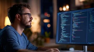 Focused programmer working late at night on coding tasks in a cozy workspace with soft lighting and multiple monitors photo