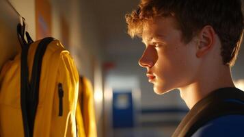 Teen boy contemplating next steps while facing lockers in a school hallway during afternoon hours photo