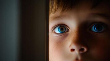 A young boy curiously peering through a slightly ajar door in a dimly lit room photo