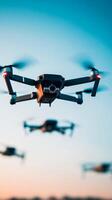 Drones flying in formation during sunset over a clear sky, showcasing aerial technology in an outdoor environment photo