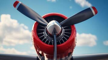 Close-up view of a classic aircraft propeller against a clear blue sky, showcasing intricate details and vibrant colors during a bright day photo