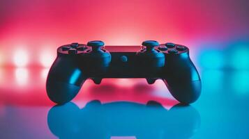 A close-up view of a modern gaming controller on a reflective surface with colorful lights in the background, creating a vibrant atmosphere photo