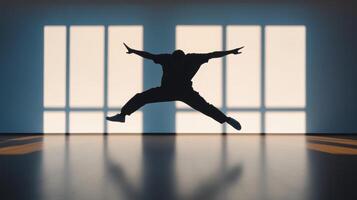 A dancer leaps dramatically in a spacious studio with large windows during a bright afternoon photo