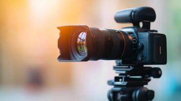 Capturing moments with a professional camera and lens set on a tripod in a softly lit environment photo