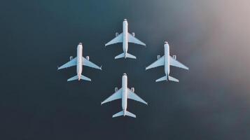 Aerial view of four airplanes flying in formation over a clear blue sky during daylight hours photo