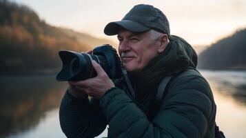 A passionate photographer captures the serene landscape at sunrise near a tranquil river surrounded by hills photo
