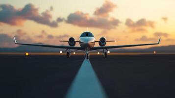 A small aircraft prepares for takeoff under a colorful sunset at the airport runway in the evening light photo