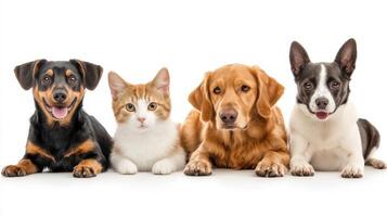 Four lovable pets posing together in a cheerful arrangement on a light background during a playful indoor setting photo