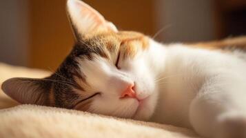 A calico cat peacefully sleeping on a soft blanket in a cozy home during the afternoon sunlight photo