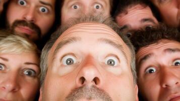 A group of people with surprised faces looking down at the camera in a fun gathering indoors during the daytime photo