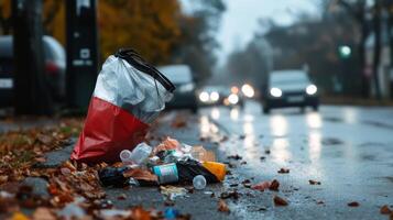 Trash and litter scattered on a rainy street with cars passing by in the background during an autumn afternoon photo