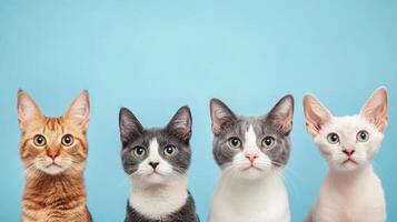 A group of four cats with distinct fur patterns posing against a bright blue background during a cheerful indoor setting photo