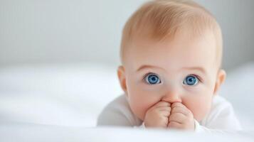 A curious baby with blue eyes explores their surroundings while sucking on fingers in a bright, cozy room at midday photo