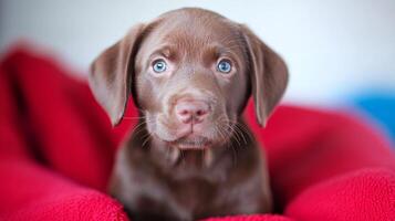 Cute brown puppy with striking blue eyes rests peacefully on a soft red blanket in a cozy indoor setting photo