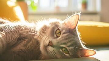 A relaxed gray cat lounges in warm sunlight near bright yellow cushions in a cozy indoor setting during the afternoon photo