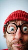 A surprised man with large glasses and a red knitted hat making a funny face indoors photo