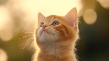 A curious orange kitten gazes upward with bright eyes during a sunset in a warm outdoor setting photo