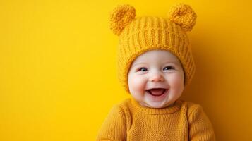 Happy baby in a yellow bear hat smiling against a bright yellow background photo