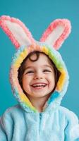 Happy child in colorful bunny costume enjoying playful moment against vibrant blue background photo
