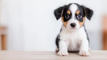 A small, adorable puppy with a unique coat pattern sitting on a wooden surface in a bright, modern room during the day photo