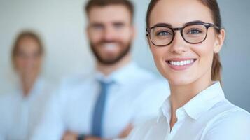 Smiling businesswoman in glasses leading a team meeting in a modern office space during the afternoon hours photo