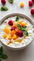 Honey-Drizzled Cottage Cheese with Mango and Raspberries photo