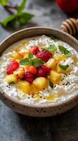 Honey-Drizzled Cottage Cheese with Peaches and Raspberries photo