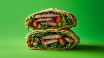 Delicious Stacked Wrap with Grilled Meat and Fresh Vegetables photo