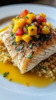 Lightly Seared Fish with Mango Salsa and Orzo photo