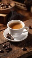 Aromatic Hot Coffee in a White Cup on a Rustic Wooden Table photo