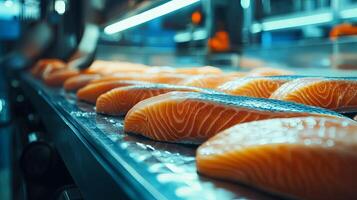 Salmon Slices Traveling on a Conveyor in a Modern Food Processing Plant photo
