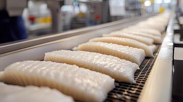 Fresh Fish Fillets on a Conveyor Belt photo