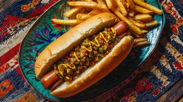 A mouthwatering hot dog with fries, perfect for a quick meal. photo