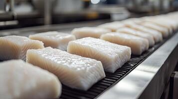 Fresh White Fish Fillets on a Production Line photo