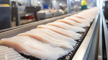 Fresh Fish Fillets on a Conveyor Belt in a Modern Fish Processing Plant photo