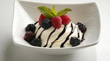 Delicate Dessert with Berries and Chocolate Sauce photo