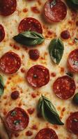 Close-up view of a mouthwatering pepperoni pizza with melted cheese and fresh basil photo