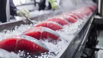 Fresh Tuna Slices on a Conveyor Belt photo