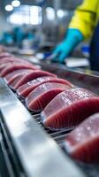 Fresh Tuna Slices on a Conveyor Belt in a Modern Food Processing Plant photo