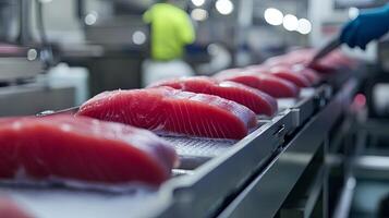 Fresh Tuna Slices on a Conveyor Belt in a Food Processing Plant photo