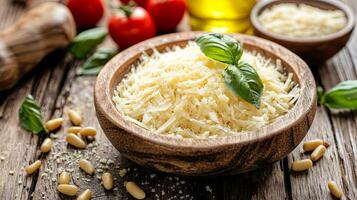 Grated Parmesan Cheese in Wooden Bowl with Basil photo