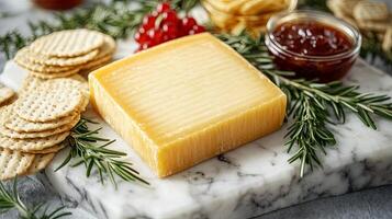 Gourmet Cheese Board Display with Crackers and Jam photo