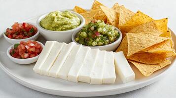 A delectable Mexican food platter with cheese, chips, and salsas photo