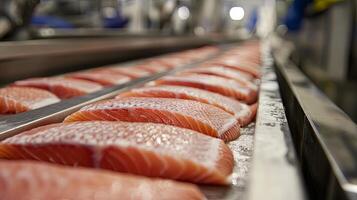 Fresh Salmon Slices on a Conveyor Belt photo