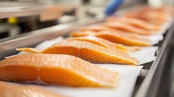 Fresh Salmon Slices on a Production Line photo