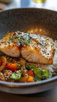 Teriyaki Salmon Bowl with Asian Vegetables - A Culinary Delight photo