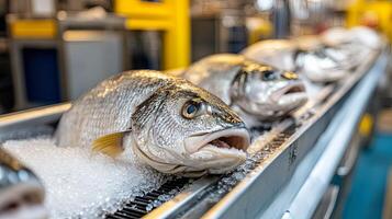 Fresh Fish on a Conveyor Belt - High Quality Seafood photo
