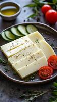Sliced Cheese with Cucumber and Tomatoes photo